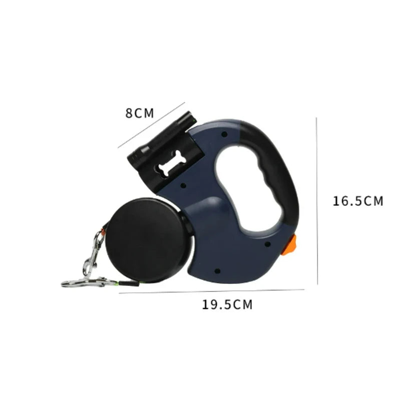Auto Retractable Double Dog Leash – 3M Dual Traction Rope with LED Flashlight, Waste Bag Holder & 360° Tangle-Free Design for Pets.
