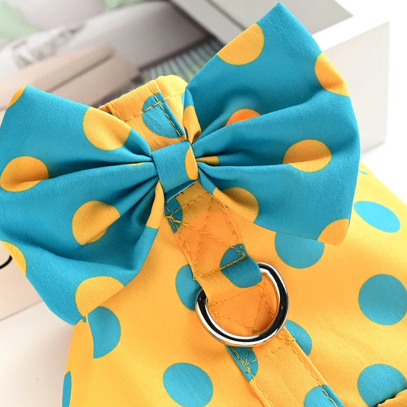 Small Dog Harness Dress & Leash Set – Luxury Polka Dot Puppy Dress with Bowknot for Chihuahuas, Blue & Yellow Summer Pet Outfit.