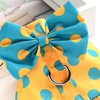 Small Dog Harness Dress & Leash Set – Luxury Polka Dot Puppy Dress with Bowknot for Chihuahuas, Blue & Yellow Summer Pet Outfit.