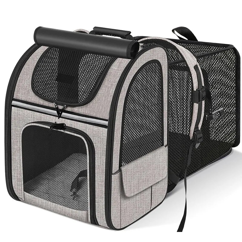 Expandable Cat Carrier Backpack – Breathable Mesh Pet Travel Bag with Shade Cover for Hiking, Camping & Outdoor Adventures.