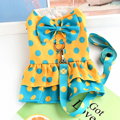 Small Dog Harness Dress & Leash Set – Luxury Polka Dot Puppy Dress with Bowknot for Chihuahuas, Blue & Yellow Summer Pet Outfit.