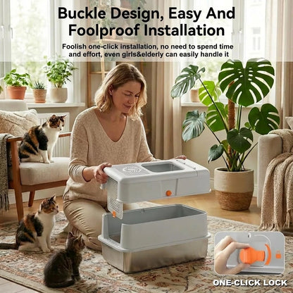 Extra Large Stainless Steel Cat Litter Box – Enclosed Odor-Control Metal Litter Box with Lid & 135° Flip-Top Covered Design.