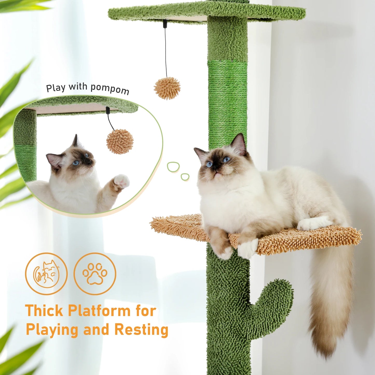 5-Tier Floor-to-Ceiling Cat Tree – Cactus-Themed Tall Cat Tower with Scratching Posts, Hammock & Dangling Ball for Indoor Cats.