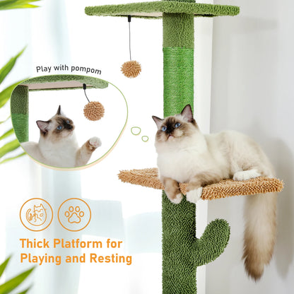 5-Tier Floor-to-Ceiling Cat Tree – Cactus-Themed Tall Cat Tower with Scratching Posts, Hammock & Dangling Ball for Indoor Cats.