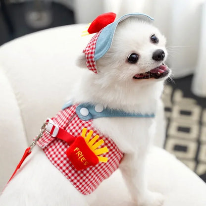 French Fries Pet Harness Set – Cute 3-Piece Outfit with Harness, Leash & Hat, Puppy Walking Traction Gear for Outdoor Use.