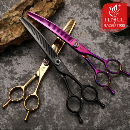 Fenice JP440C Professional Pet Grooming Scissors – 7-Inch Curved Thinning & Chunker Shears for Precision Dog Grooming.