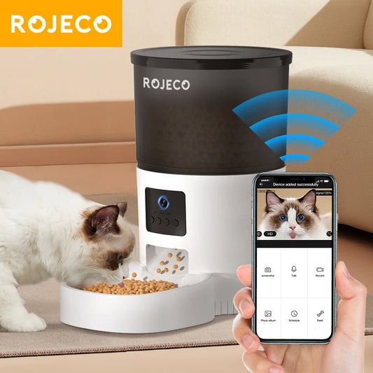 ROJECO Automatic Pet Feeder with Camera – Smart Video Food Dispenser with Voice Recording & Remote App Control for Cats & Dogs.