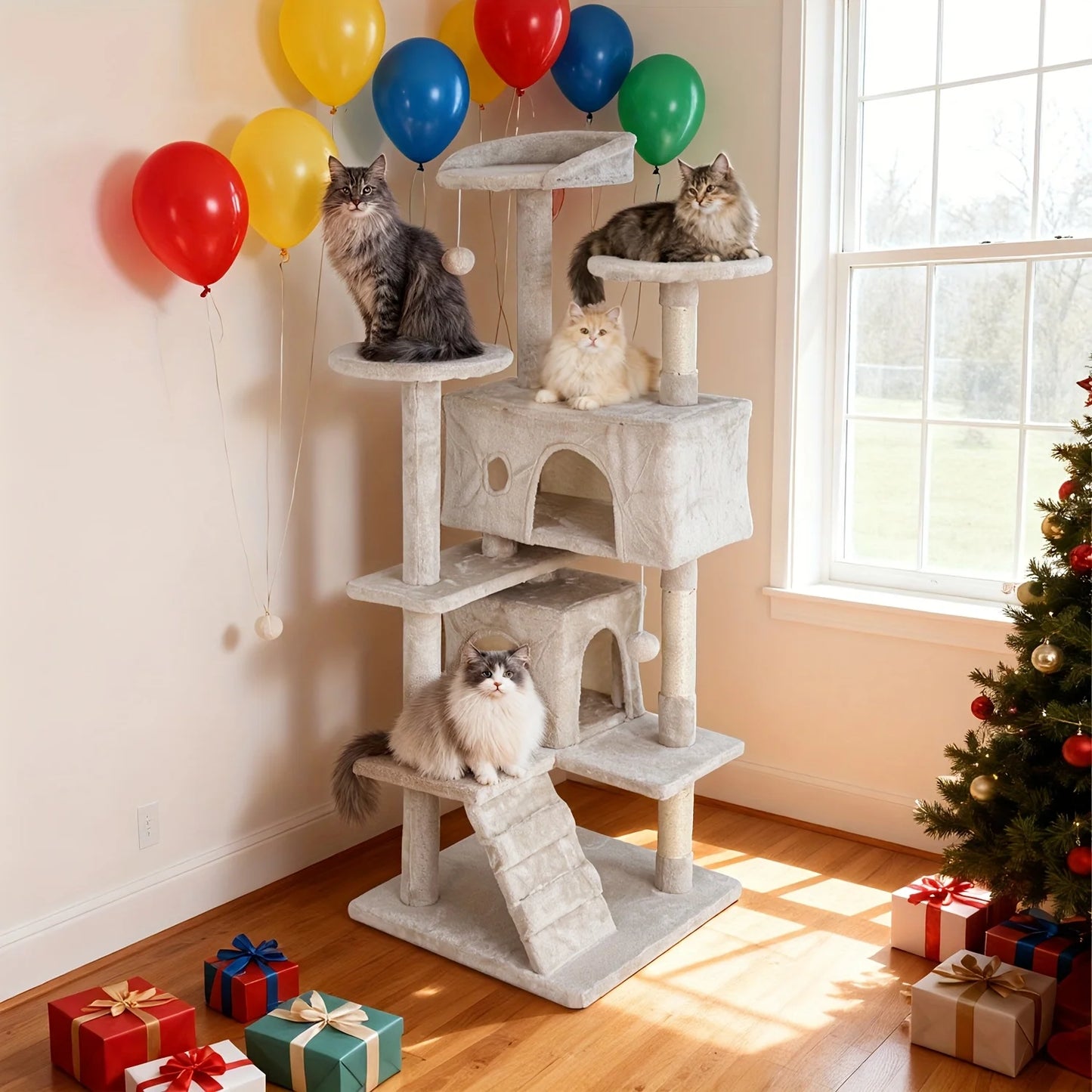 54''/70'' Cat Tree Tower – Multi-Level Cat Activity Center with Scratching Posts, Perches & Cozy House, Perfect Gift for Indoor Cats.