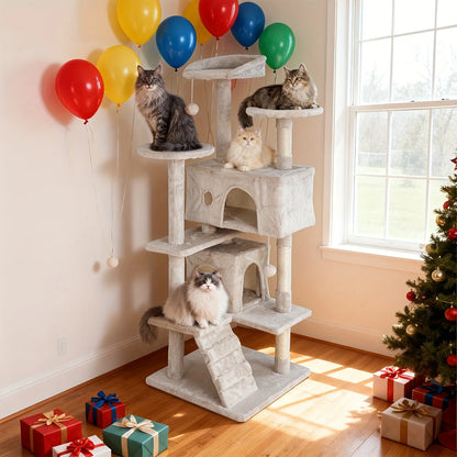 54''/70'' Cat Tree Tower – Multi-Level Cat Activity Center with Scratching Posts, Perches & Cozy House, Perfect Gift for Indoor Cats.