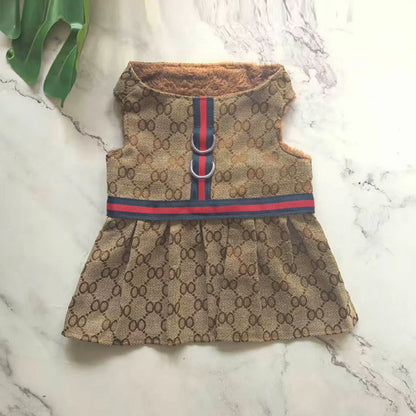 Pet Couple Outfit Set – Luxury Designer Dog Dress for Women & Chest/Back Vest for Men, Includes Puppy Skirt and Matching Traction Leash.