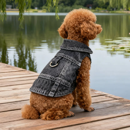 Dog Denim Jean Jacket – Cool Washable Harness Vest Outfit for Small Dogs, Puppies & Cats.