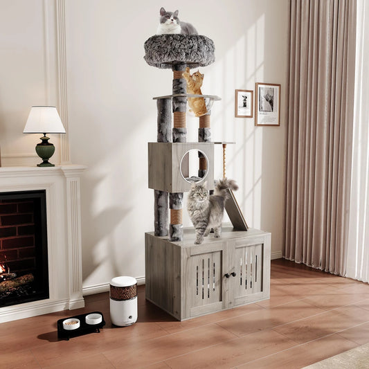 66.9-Inch Modern Cat Tree with Litter Box Enclosure – Multi-Layer Cat Tower with Storage Cabinet & Sisal Scratching Posts for Indoor Cats.