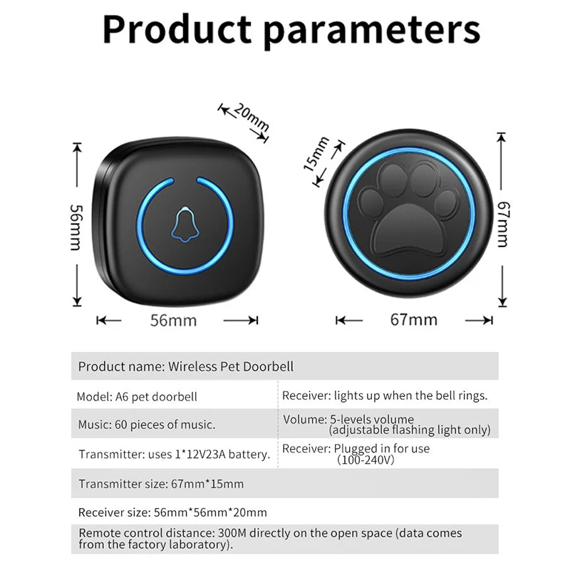 Pet Training Doorbell Button – 300m Range Wireless Ringer with 60 Sounds, High-Volume Smart Bell for Cat & Dog Communication Training.