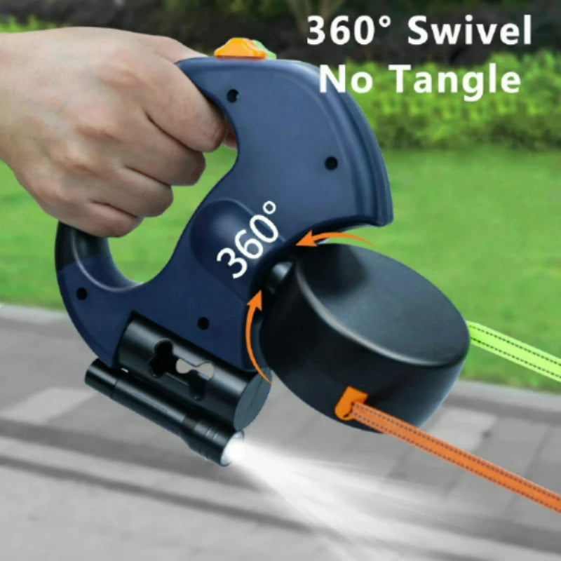 Auto Retractable Double Dog Leash – 3M Dual Traction Rope with LED Flashlight, Waste Bag Holder & 360° Tangle-Free Design for Pets.