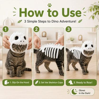 Glow-in-the-Dark Dinosaur Skeleton Pet Costume – Plush Hooded Halloween Cosplay Outfit for Cats & Small Dogs.