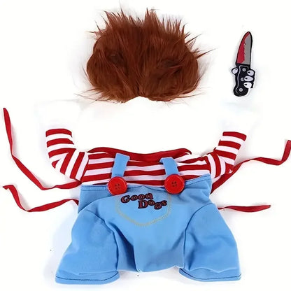 Halloween Bloody Doll Dog Costume with Wig & Knife – Funny Pet Outfit for Holiday Parties.