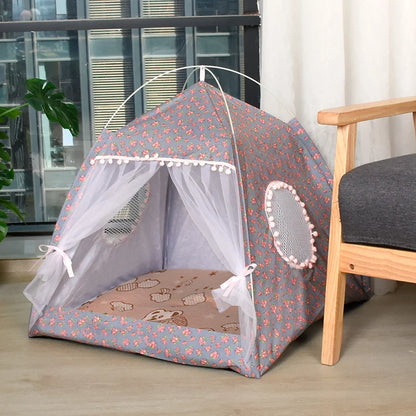 Floral Semi-Enclosed Pet Tent Bed for Cats and Small Dogs, Cozy All-Season Sleeping Nest.