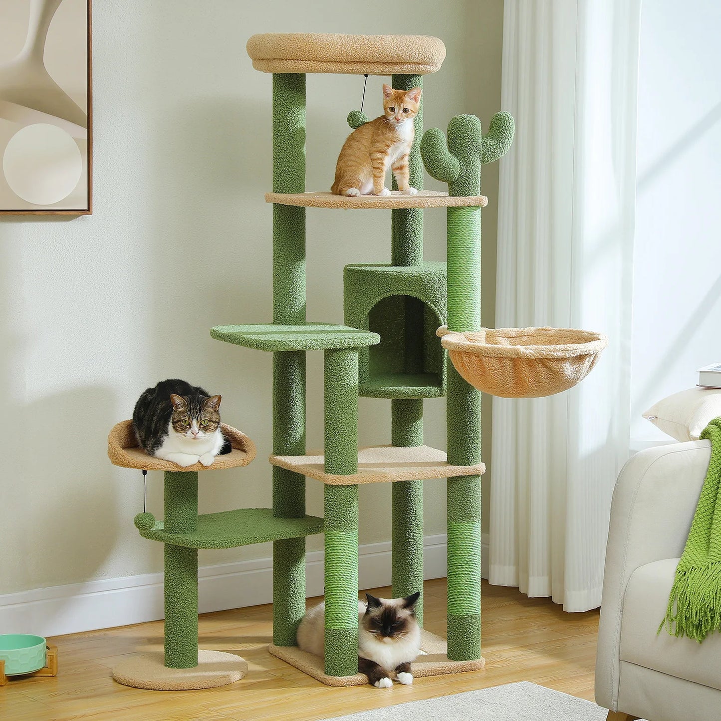 Multi-Level Cat Tree Tower – Tall Indoor Cat Condo with Scratching Posts, Hammock, Large Perches & Hanging Ball Toys for Cats.