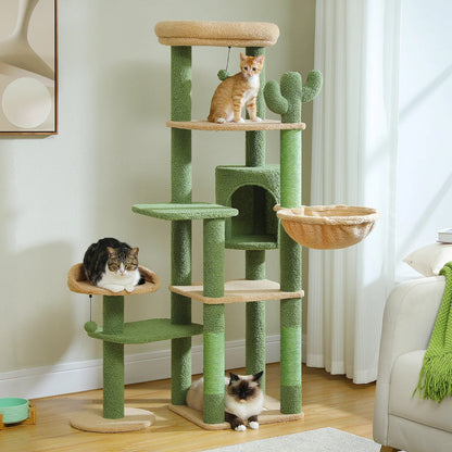 Multi-Level Cat Tree Tower – Tall Indoor Cat Condo with Scratching Posts, Hammock, Large Perches & Hanging Ball Toys for Cats.