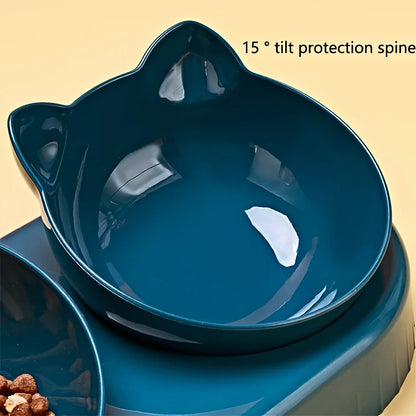 3-in-1 Tilted Pet Bowl Set – Cat Food & Water Feeder with Gravity Water Bottle, Ear-Shaped Design for Comfortable Neck Protection.