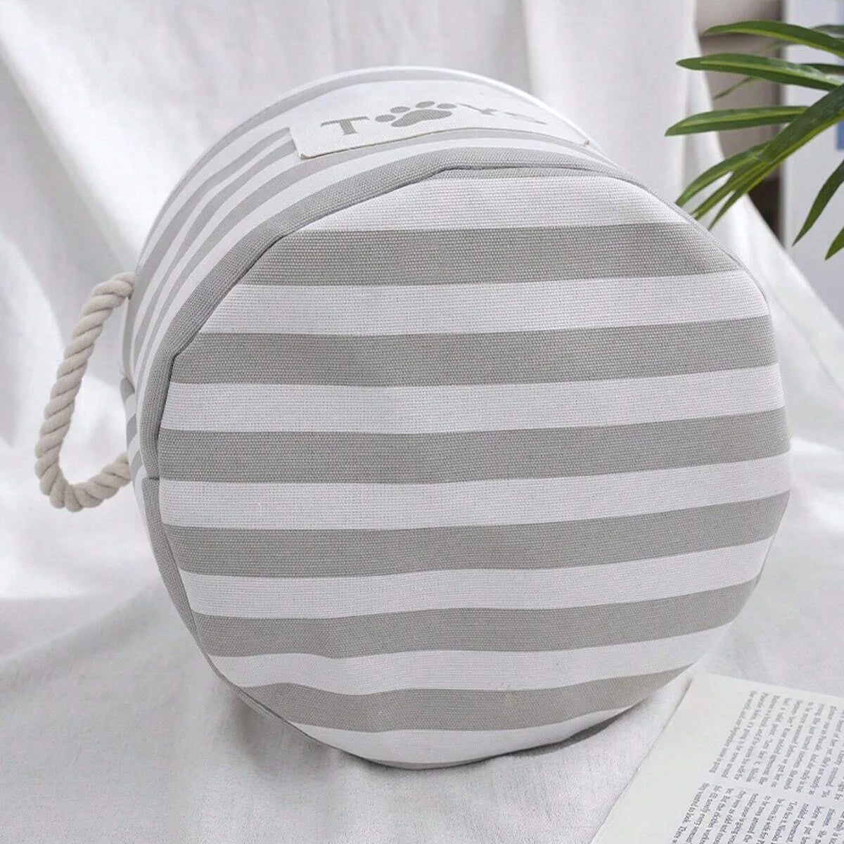Foldable Striped Pet Toy Storage Basket with Woven Rope Handles