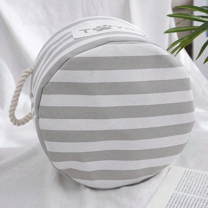 Foldable Striped Pet Toy Storage Basket with Woven Rope Handles