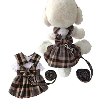 Cute Plaid Dog Dress – Bowknot Back Outfit with Adjustable Leash, Lightweight Spring & Summer Clothing for Dogs.