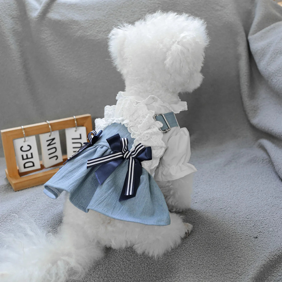 Sea Breeze Denim Pet Dress – Summer Blue Outfit for Dogs & Cats, Lightweight Anti-Hair Loss Fashion Clothing.
