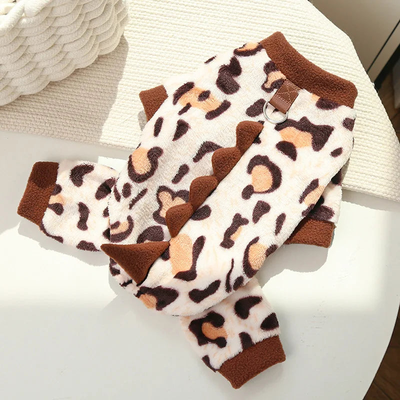 Dinosaur Pet Jumpsuit – Warm Flannel Autumn & Winter Outfit for Dogs & Cats, Cute Teddy Pet Romper Clothing.