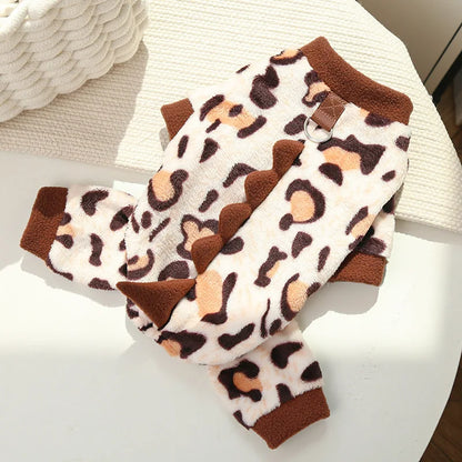 Dinosaur Pet Jumpsuit – Warm Flannel Autumn & Winter Outfit for Dogs & Cats, Cute Teddy Pet Romper Clothing.