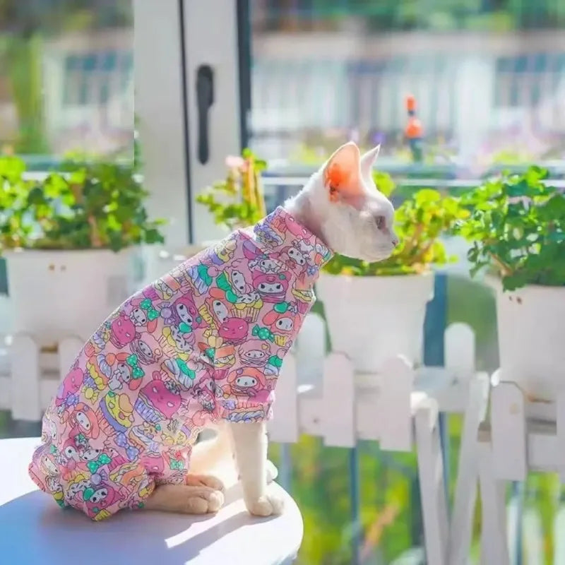 My Melody Pet Shirt – Breathable Cotton Four-Leg Summer T-Shirt for Sphynx & Hairless Cats, Cute Printed Cat Clothing.