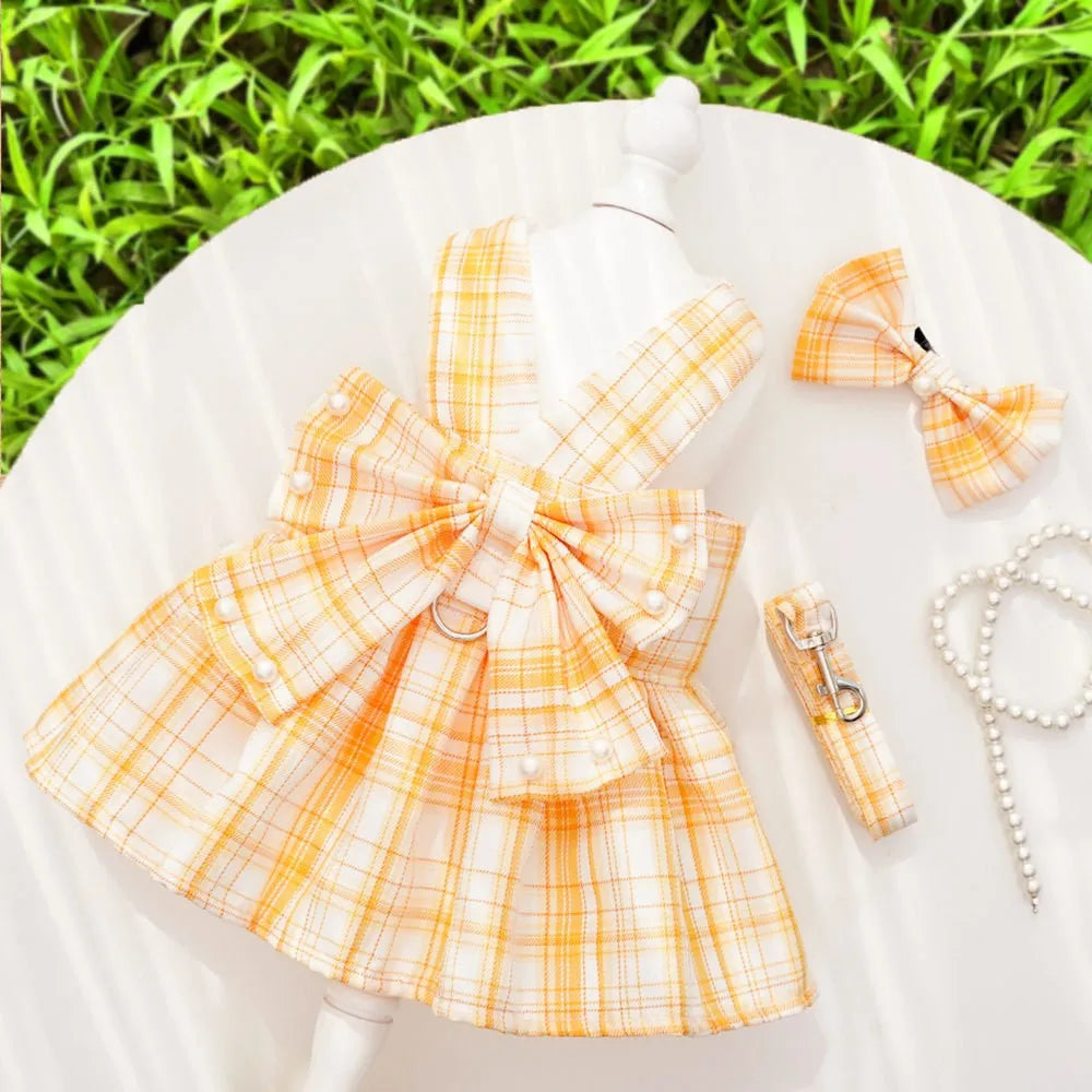 Princess Dog Dress with Bow & Pearl Belt – Cute Checkered Spring & Summer Outfit for Small Girl Dogs, Perfect for Birthdays & Special Occasions.