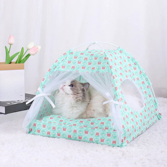 Summer Foldable Semi-Enclosed Pet Tent Bed with Breathable Design for Cats and Small Dogs.