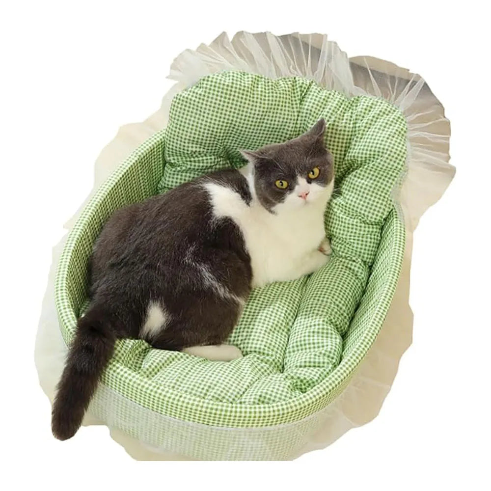 Cute Lace-Trimmed Pet Sofa Bed – Washable Removable Plush Oval Cushion for Cats & Small Dogs, Four-Season Princess-Style Sleeping Bed.