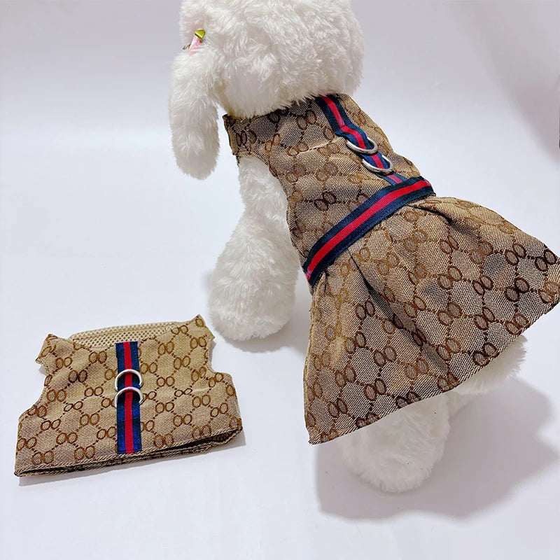 Pet Couple Outfit Set – Luxury Designer Dog Dress for Women & Chest/Back Vest for Men, Includes Puppy Skirt and Matching Traction Leash.