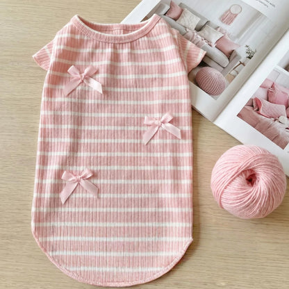 Striped Bow Tie Pet T-Shirt – Soft Ice Silk Breathable Spring & Summer Shirt for Small Dogs & Cats.