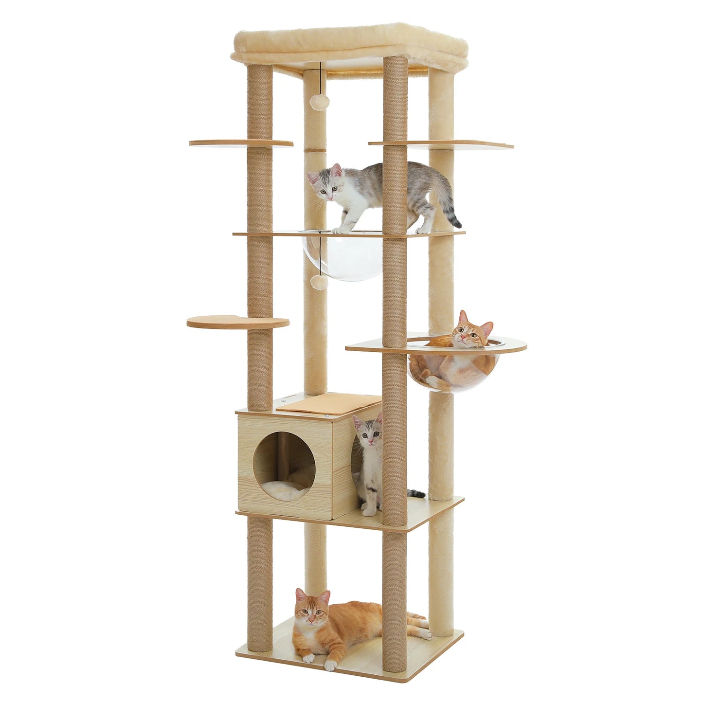 Multi-Level Wooden Cat Tree – Indoor Cat Tower with Scratching Posts, Condo, Hammock & Top Perch, Spacious Cat Scratcher & Play Center.