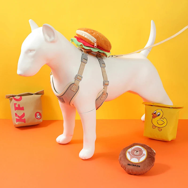 Hamburger Dog Harness & Leash Set – Durable Polyester Walking Harness for Small & Medium Dogs and Cats, Cute Anti-Lost Outdoor Pet Accessory.