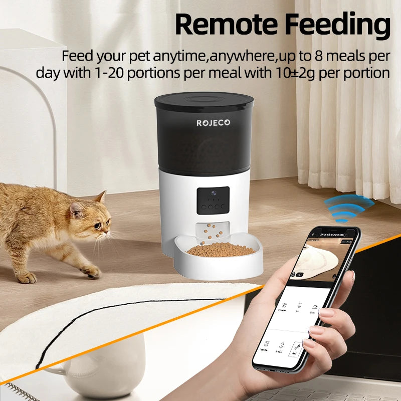 ROJECO Automatic Pet Feeder with Camera – Smart Video Food Dispenser with Voice Recording & Remote App Control for Cats & Dogs.