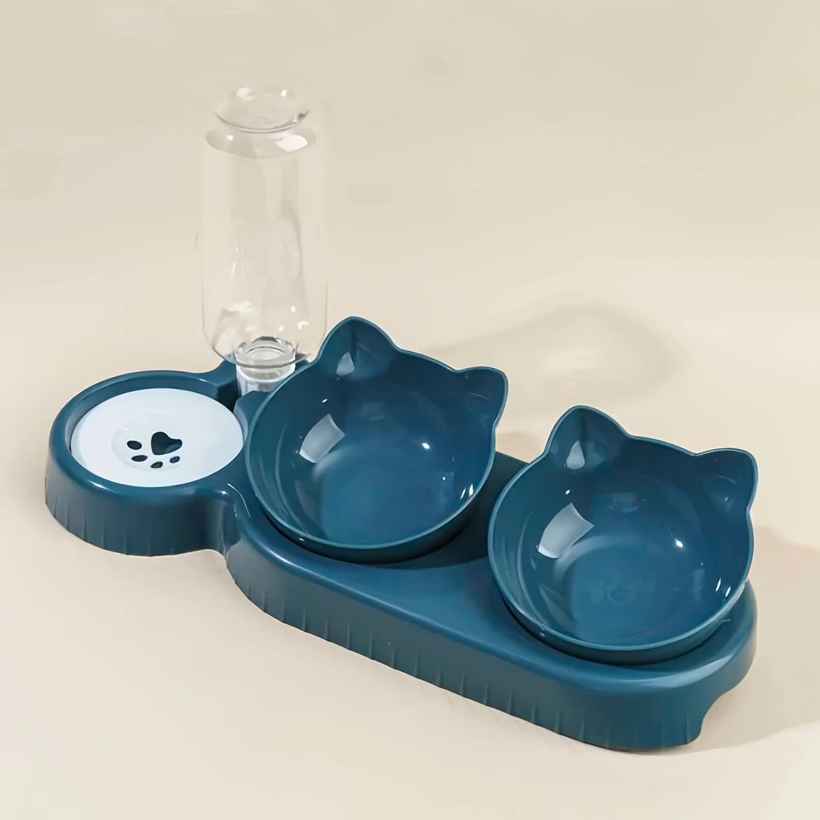 3-in-1 Tilted Pet Bowl Set – Cat Food & Water Feeder with Gravity Water Bottle, Ear-Shaped Design for Comfortable Neck Protection.