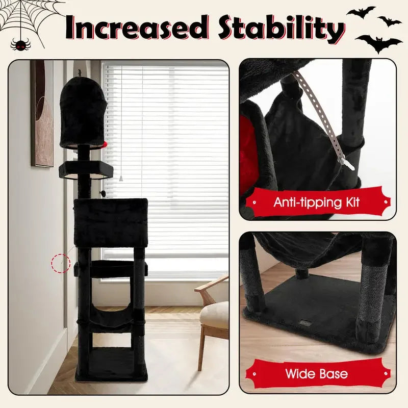 Gothic Cat Tree for Indoor Cats – Black Multi-Level Cat Tower with 2 Cat Condos, Coffin Bed & Scratching Posts.