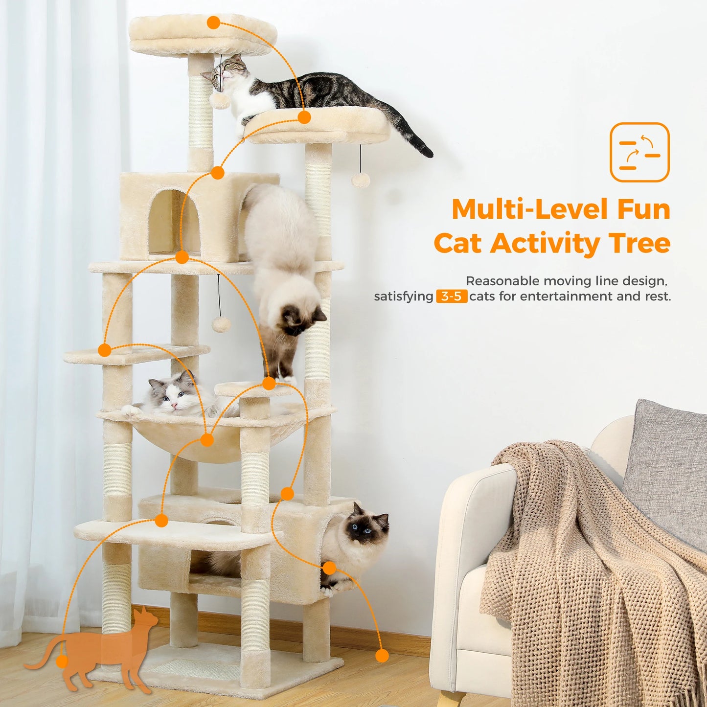 Large Indoor Cat Tree & Tower – Sisal Scratching Posts with Hammock, Padded Perches, Condos & Toys for Cats & Kittens.