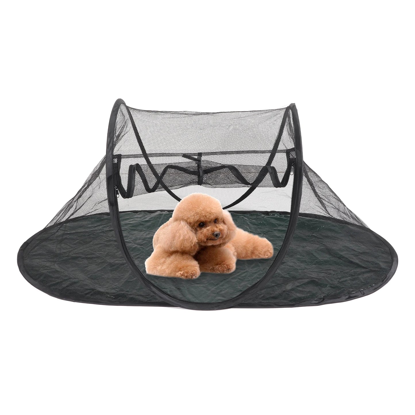 Portable Foldable Pet Enclosure Tent with Breathable Mesh for Outdoor Travel and Camping.