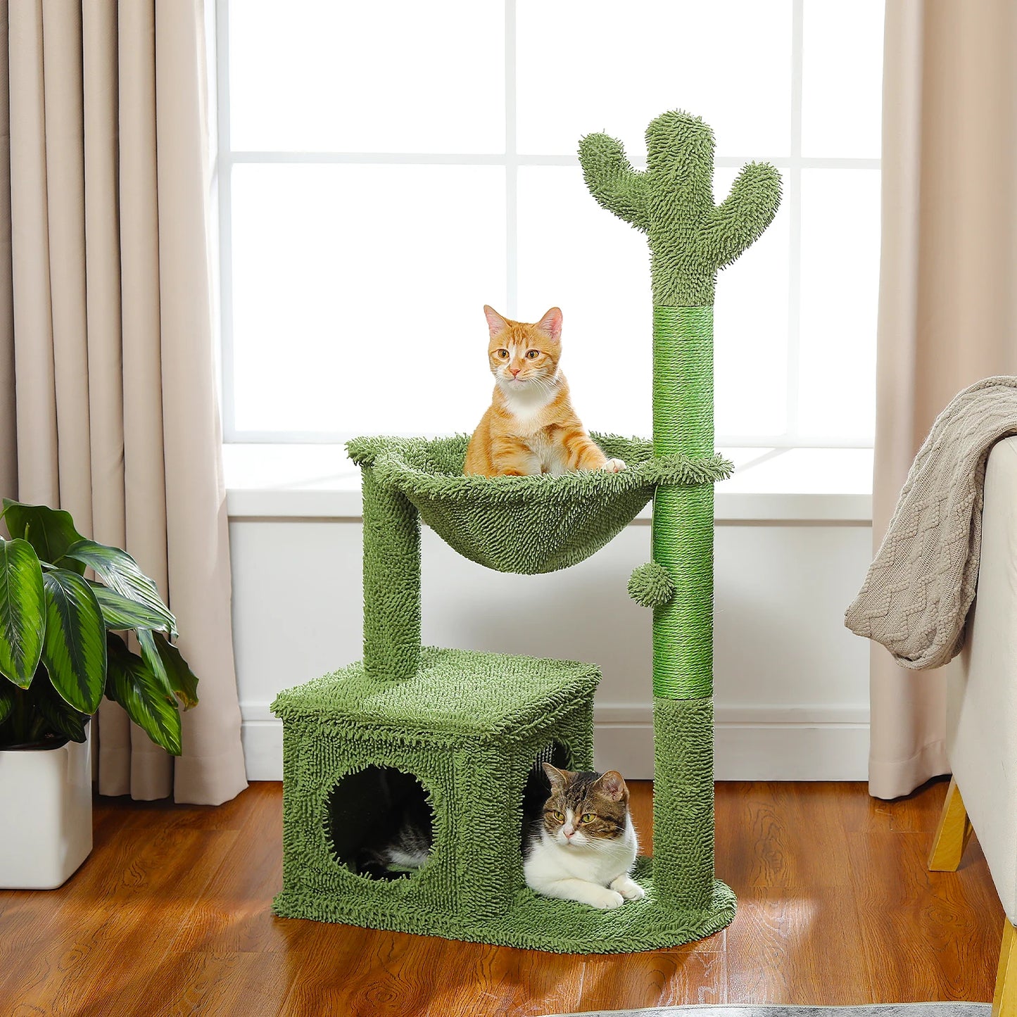 Cactus Cat Tree with Large Condo & Hammock – Small Indoor Cat Tower with Scratching Posts, Dangling Ball Toy & Fun Cat Activity Center.