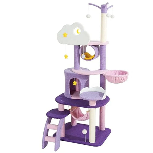 Cute 65-Inch Cat Tower – Large Pink & Purple Cloud-Themed Cat Tree Castle Condo Mansion for Indoor Cats.