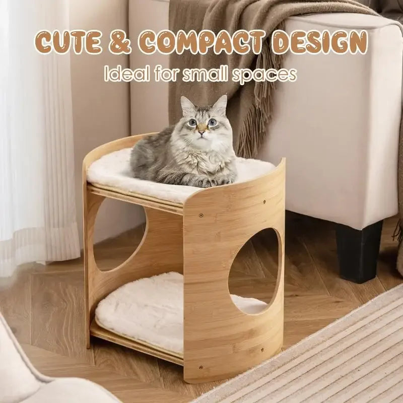 2-Tier Cute Cat Furniture for Indoor Cats – Small Beige Cat Tower with Natural Bamboo Frame & Cozy Perches.