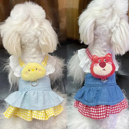Lace Pet Harness Dress – Princess Denim Skirt Apparel for Small Dogs, Puppies & Cats, Cute Summer & Autumn Outfit.