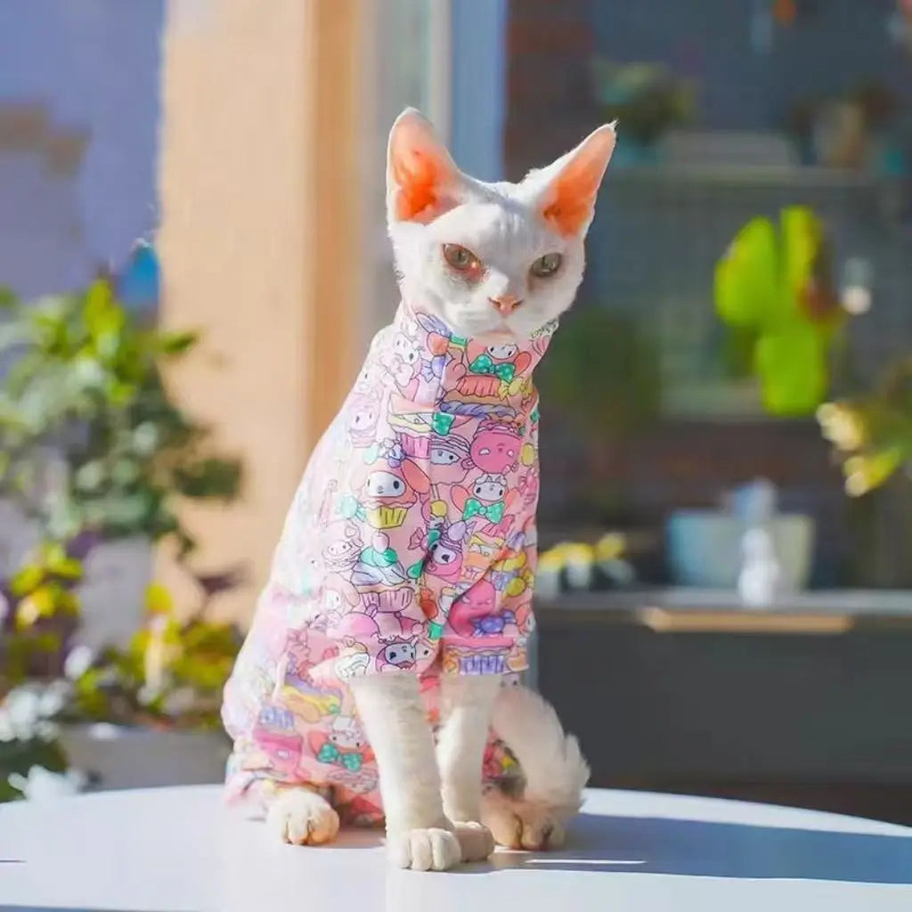 My Melody Pet Shirt – Breathable Cotton Four-Leg Summer T-Shirt for Sphynx & Hairless Cats, Cute Printed Cat Clothing.