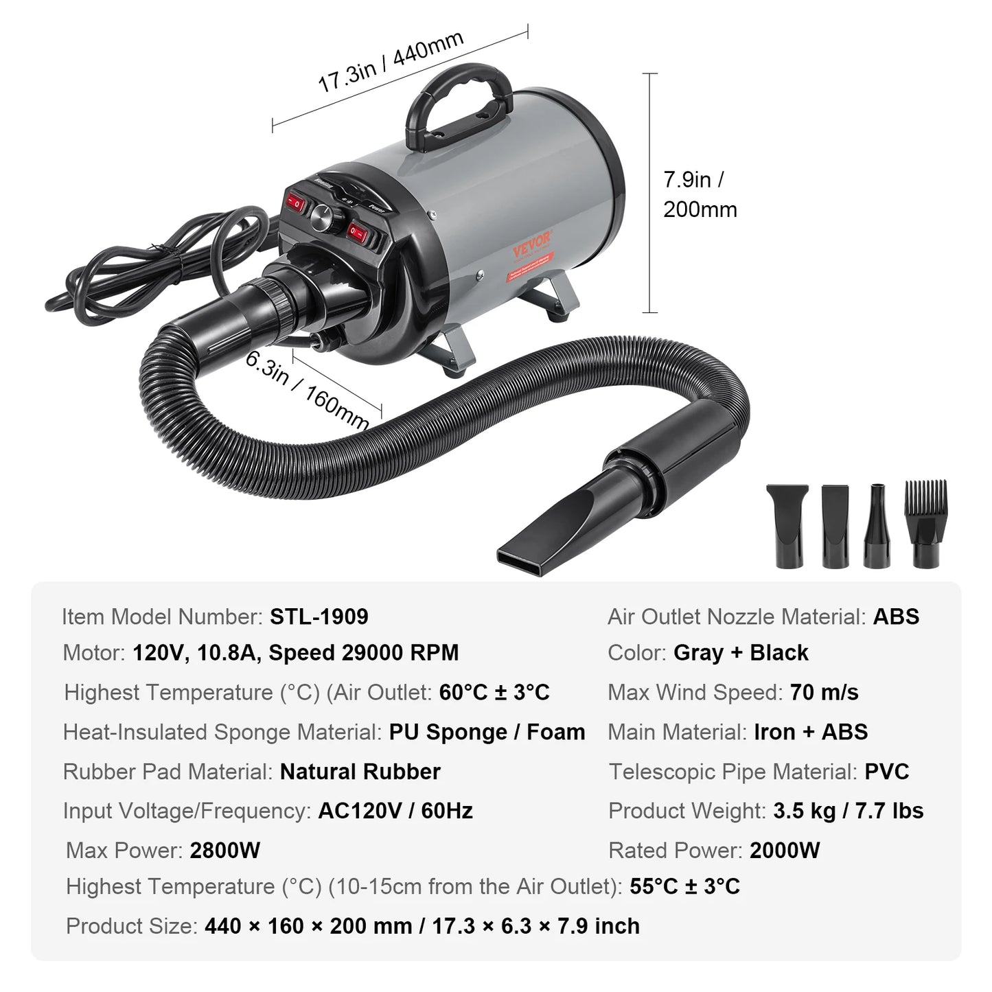 SucceBuy 2000W/2.7HP Dog Blow Dryer – Adjustable Speed & Temperature Pet Grooming Dryer with 4 Nozzles and Extendable Hose.