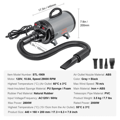 SucceBuy 2000W/2.7HP Dog Blow Dryer – Adjustable Speed & Temperature Pet Grooming Dryer with 4 Nozzles and Extendable Hose.